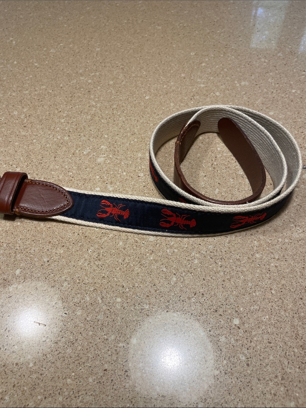 J. Crew Navy Canvas Belt with Red Lobster Embroidery and Tan Trim